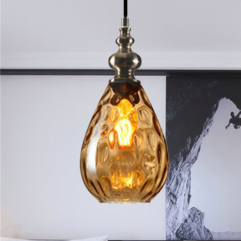 Contemporary Amber/Clear Dimple Glass Water Drop Pendant Lamp - 6/8 Wide 1 Head Bedside Hanging