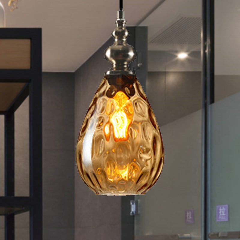 Contemporary Amber/Clear Dimple Glass Water Drop Pendant Lamp - 6/8 Wide 1 Head Bedside Hanging