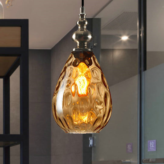 Contemporary Amber/Clear Dimple Glass Water Drop Pendant Lamp - 6/8 Wide 1 Head Bedside Hanging