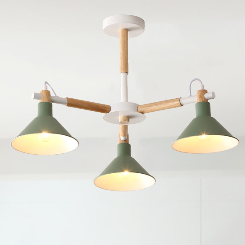 Horn Shape Pendant Lights - Macaroon Metal & Wood Fixture 3 Bulbs For Dining Room Kid Bedroom