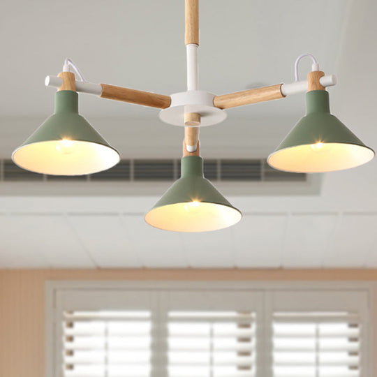 Horn Shape Pendant Lights - Macaroon Metal & Wood Fixture 3 Bulbs For Dining Room Kid Bedroom