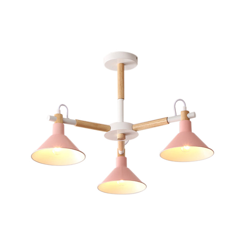 Horn Shape Pendant Lights - Macaroon Metal & Wood Fixture 3 Bulbs For Dining Room Kid Bedroom