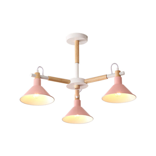 Horn Shape Pendant Lights - Macaroon Metal & Wood Fixture 3 Bulbs For Dining Room Kid Bedroom