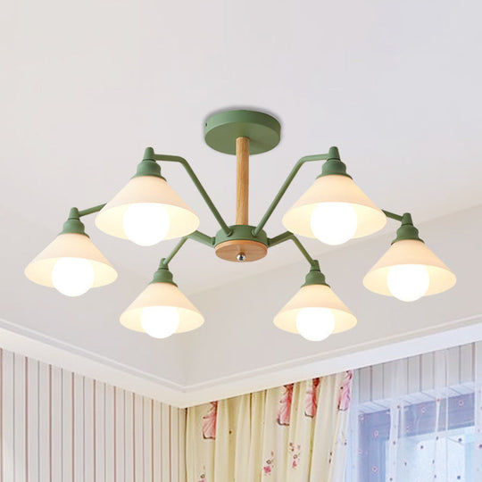 Simple Style 6-Light Metal Chandelier For Living Room With Conical Shade Green