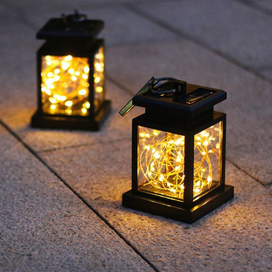 Artistic Black Led Solar Lantern Pendant Light With Clear Glass Clamp And Hook