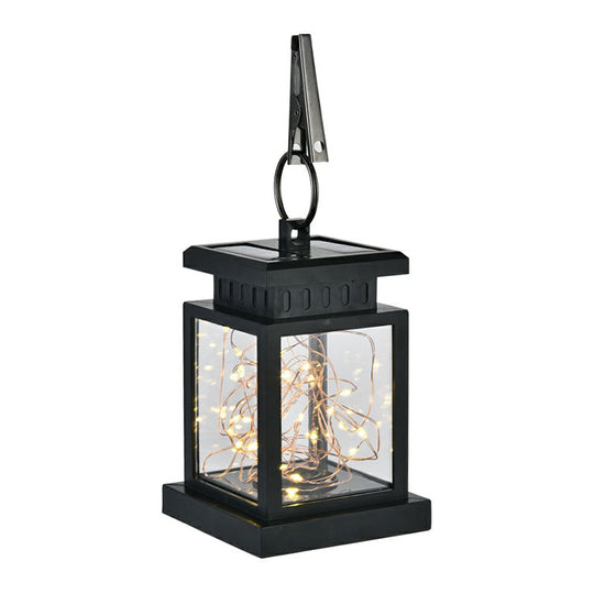 Artistic Black Led Solar Lantern Pendant Light With Clear Glass Clamp And Hook