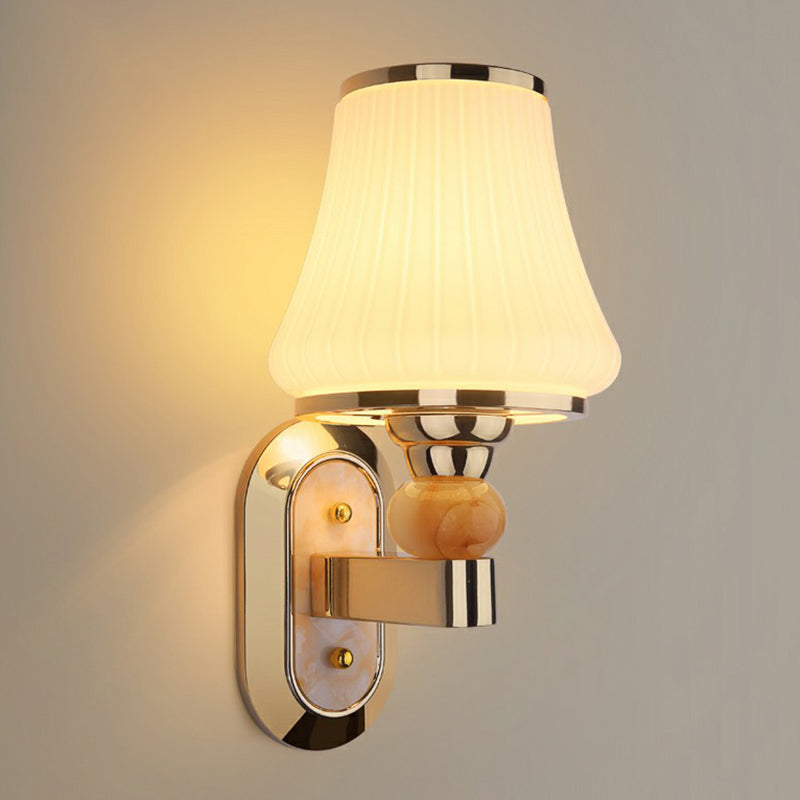 Matte White Glass Wall Sconce With Flared Mount And Gold Finish / Stripe