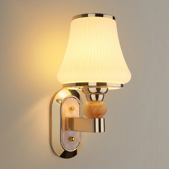 Matte White Glass Wall Sconce With Flared Mount And Gold Finish / Stripe