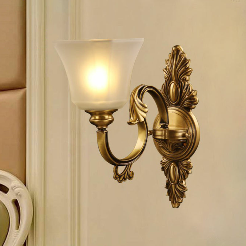 Frosted Glass Sconce With Bell-Shaped Panels - Antiqued Bronze 1-Light Bedside Wall Lighting Fixture