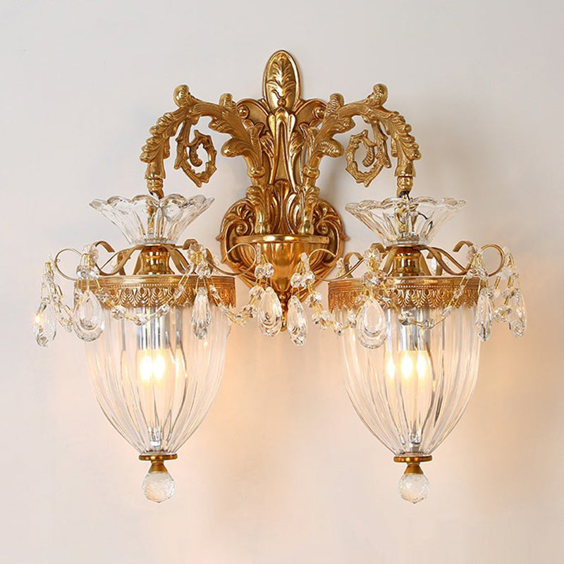 French Country Gold Wall Sconce With Clear Glass Bell Shade For Corridor