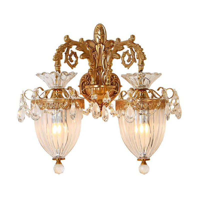 French Country Gold Wall Sconce With Clear Glass Bell Shade For Corridor