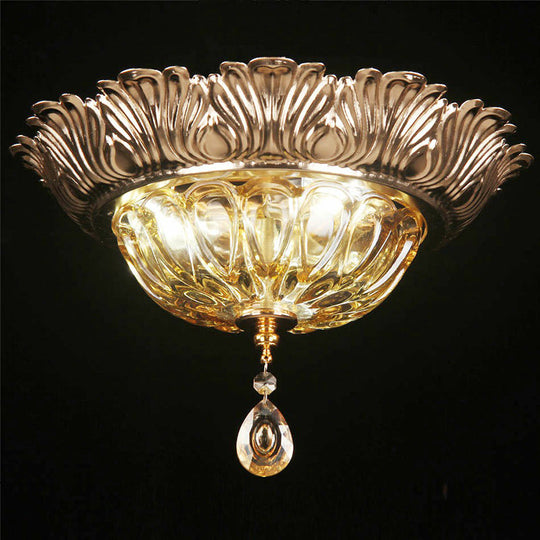 Retro Amber Glass Flush Mount Ceiling Light with Crystal Drop - 3-Light Bowl Fixture