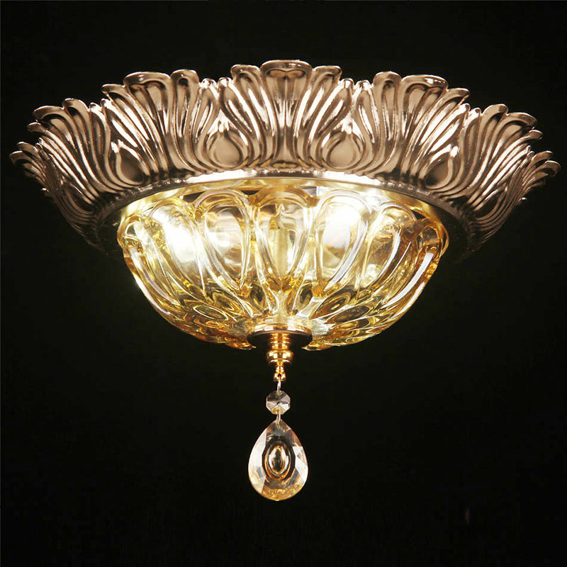 Retro Amber Glass Flush Mount Ceiling Light With Crystal Drop - 3-Light Bowl Fixture