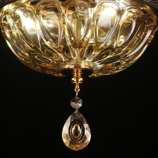 Retro Amber Glass Flush Mount Ceiling Light with Crystal Drop - 3-Light Bowl Fixture