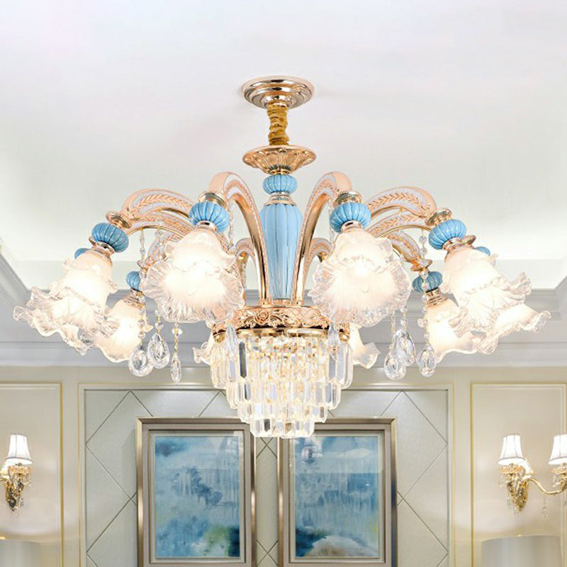 Frosted White Glass Chandelier: Antique Floral Ceiling Light For Bedroom In Blue