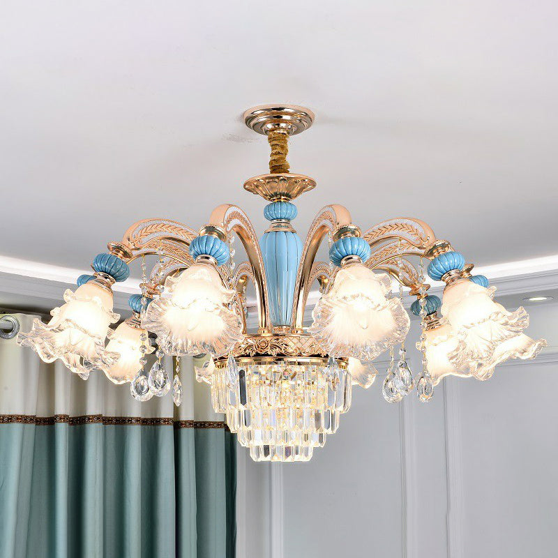 Frosted White Glass Chandelier: Antique Floral Ceiling Light For Bedroom In Blue 10 / With Crystal