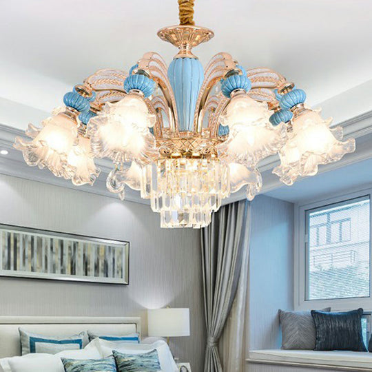 Frosted White Glass Chandelier: Antique Floral Ceiling Light For Bedroom In Blue