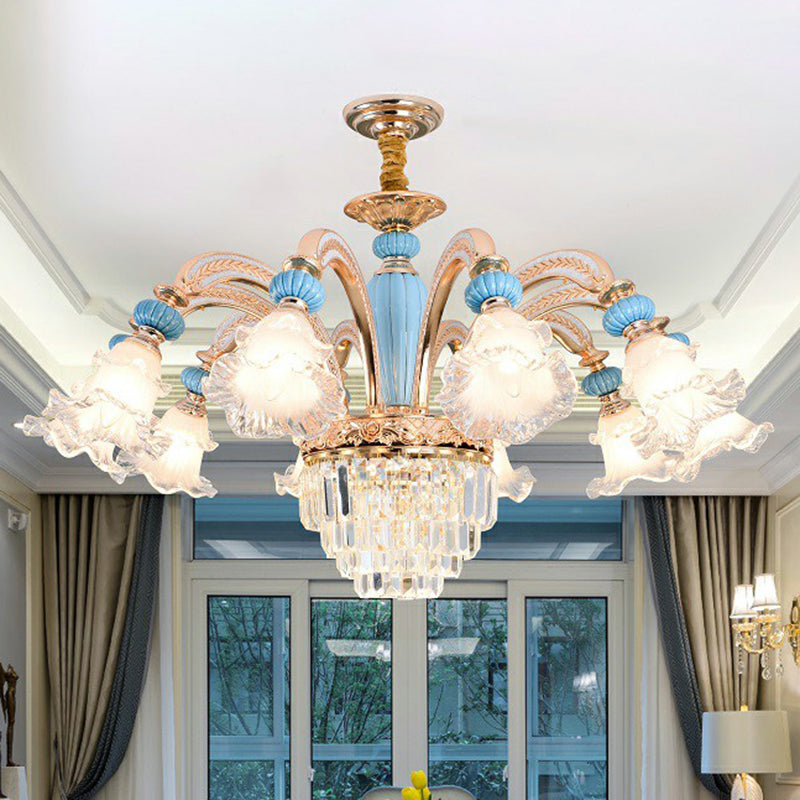 Frosted White Glass Chandelier: Antique Floral Ceiling Light For Bedroom In Blue