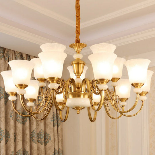 Colonial Style Frosted Glass Brass Chandelier - Bell Shaped Restaurant Suspension Lighting 15 /