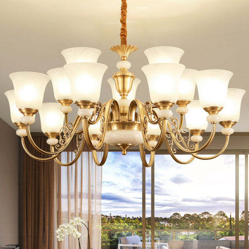 Colonial Style Frosted Glass Brass Chandelier - Bell Shaped Restaurant Suspension Lighting