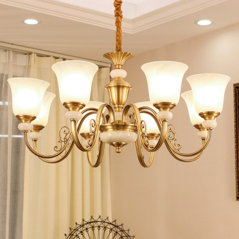 Colonial Style Frosted Glass Brass Chandelier - Bell Shaped Restaurant Suspension Lighting 8 /