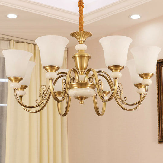 Colonial Style Frosted Glass Brass Chandelier - Bell Shaped Restaurant Suspension Lighting