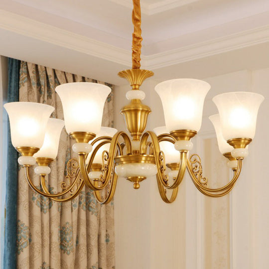 Colonial Style Frosted Glass Brass Chandelier - Bell Shaped Restaurant Suspension Lighting