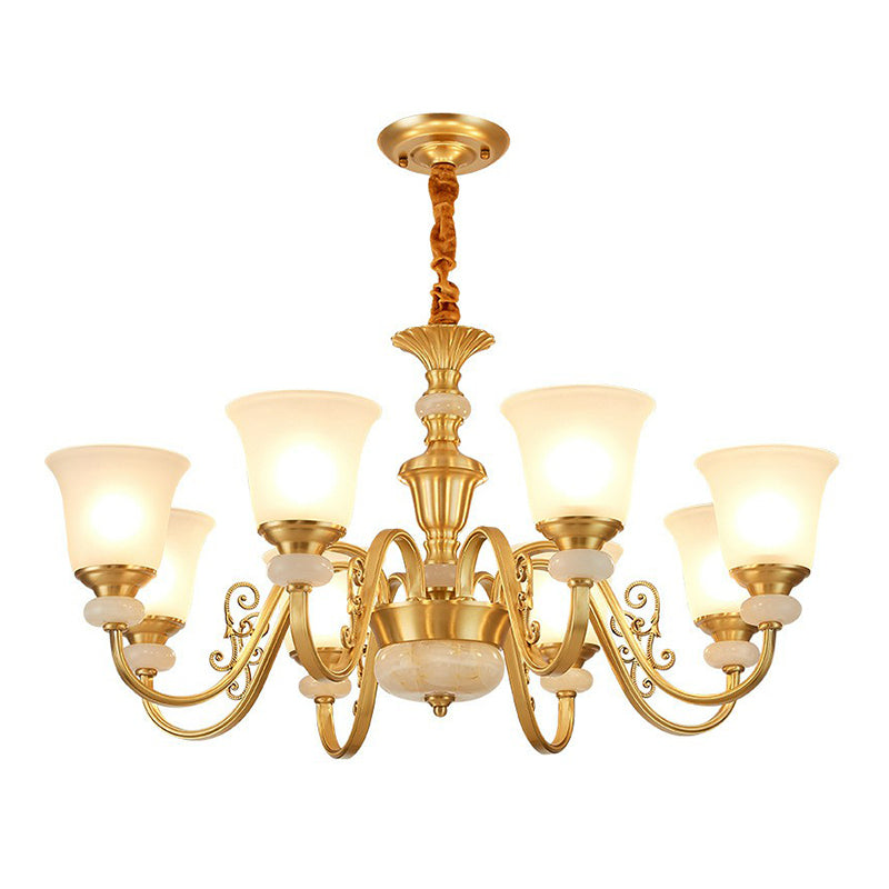 Colonial Style Frosted Glass Brass Chandelier - Bell Shaped Restaurant Suspension Lighting