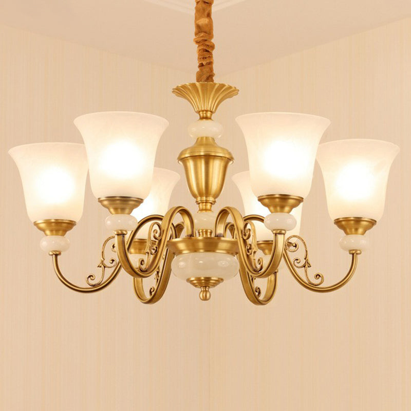 Colonial Style Frosted Glass Brass Chandelier - Bell Shaped Restaurant Suspension Lighting 6 /