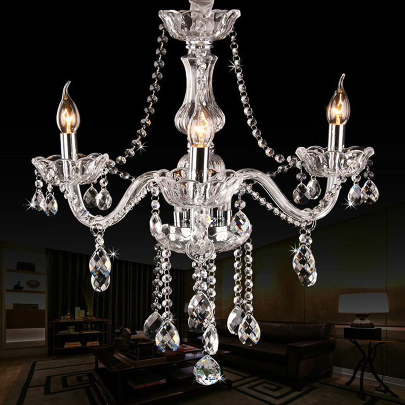 Clear Glass Candle Chandelier With Crystal Strand - Victorian Style