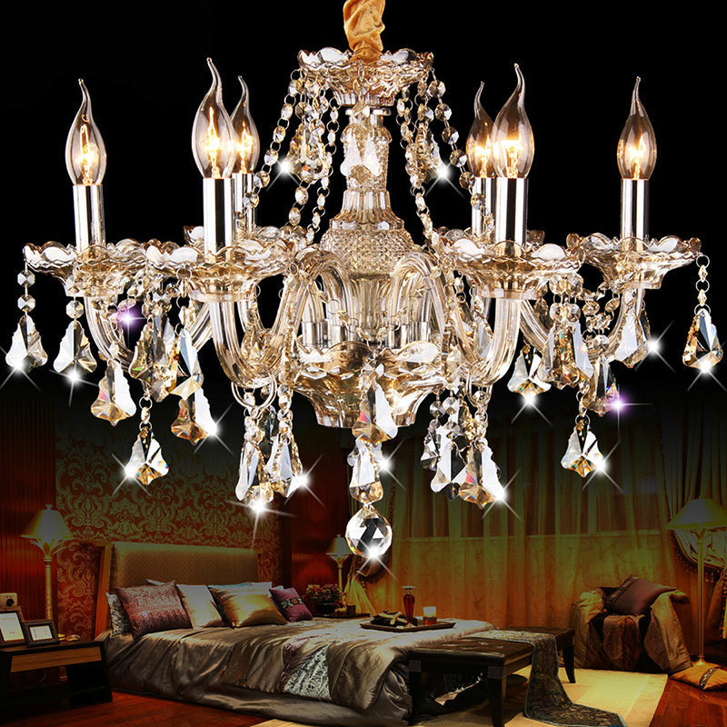 Traditional Cognac Glass Crystal Chandelier - Elegant Bedroom Suspension Lamp