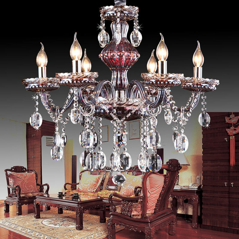 Traditional 6-Light Crystal Chandelier: Clear-Red Hanging Fixture For Living Room