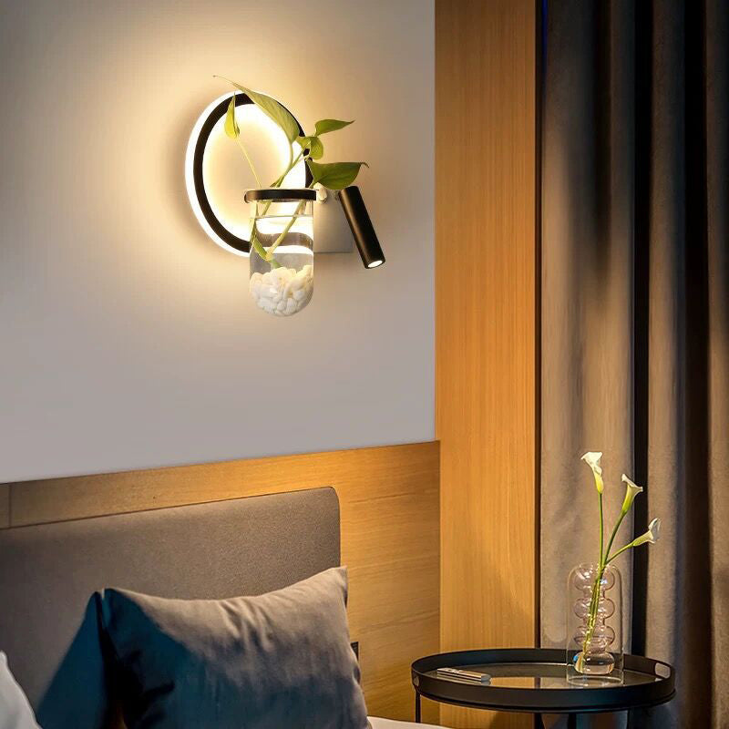 Loop Shaped Wall Sconce Metal Led Light With Spotlight And Plant Pot In Black-White - Decorative