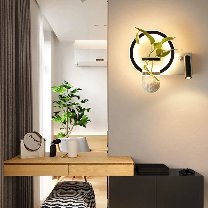 Loop Shaped Wall Sconce Metal Led Light With Spotlight And Plant Pot In Black-White - Decorative