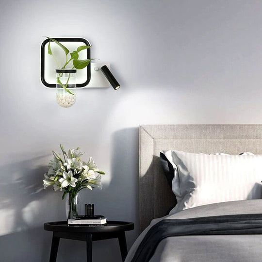 Loop Shaped Wall Sconce Metal Led Light With Spotlight And Plant Pot In Black-White - Decorative