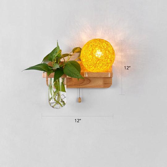 Rattan Wall Sconce With Nordic Ball Design Pull Chain And Plant Pot - Living Room Lighting Yellow /