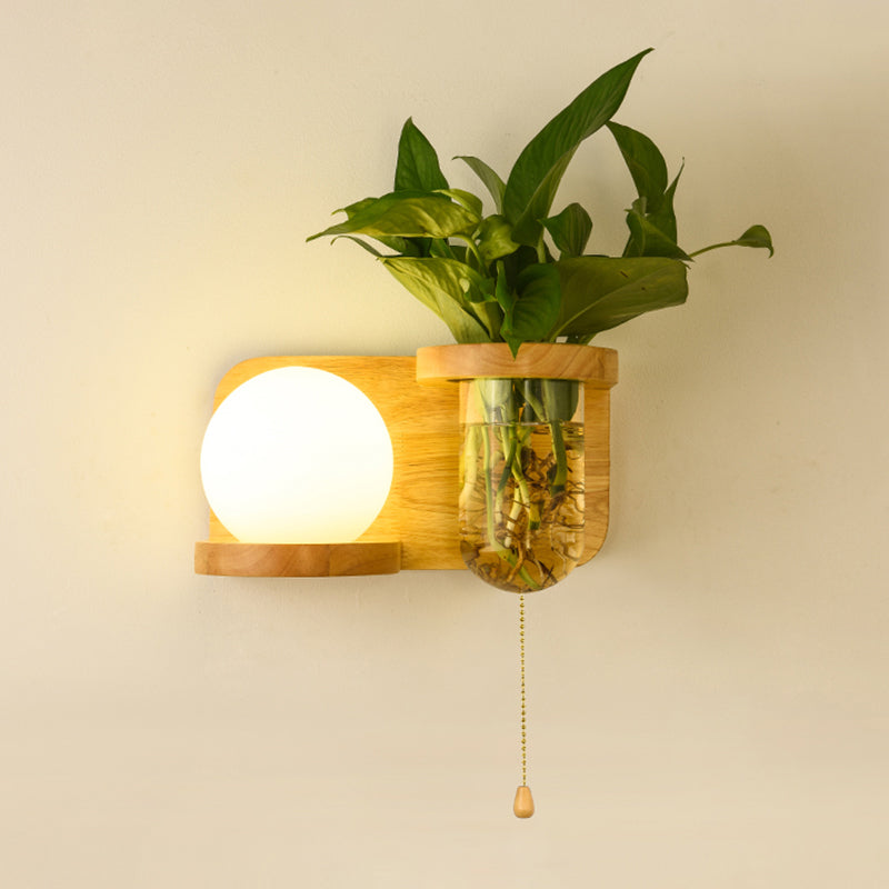 Nordic Milk Glass Ball Wall Sconce: 1-Bulb Bedside Pull Chain Light With Wood Rack And Planter