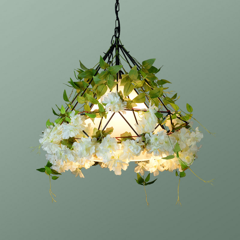 Iron Cage Hanging Pendant Light with Diamond Bulb and Decorative Plant