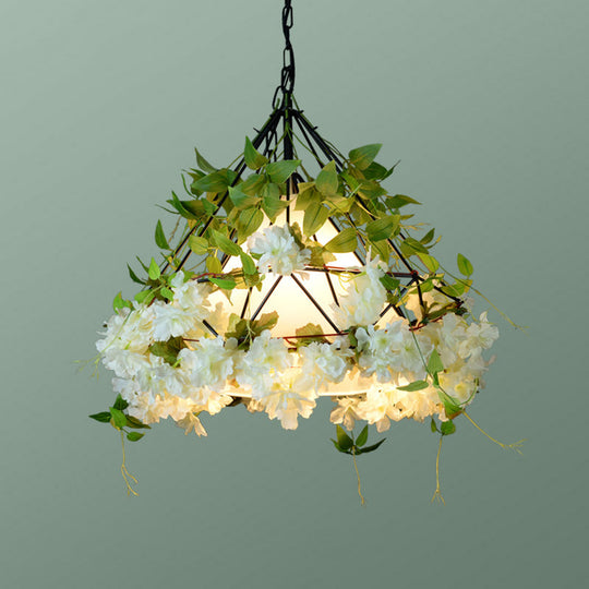 Diamond Cage Hanging Light Kit With Single Bulb Industrial Iron Ceiling Pendant And Decorative Plant