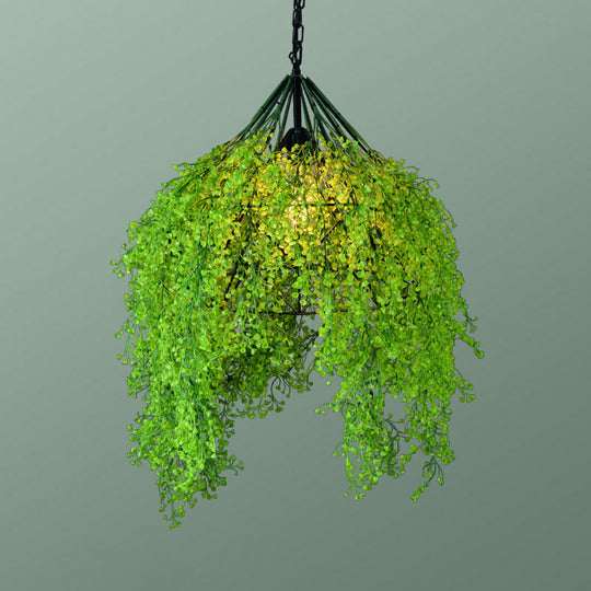 Iron Cage Hanging Pendant Light with Diamond Bulb and Decorative Plant