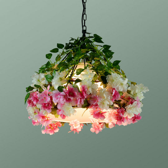 Iron Cage Hanging Pendant Light with Diamond Bulb and Decorative Plant