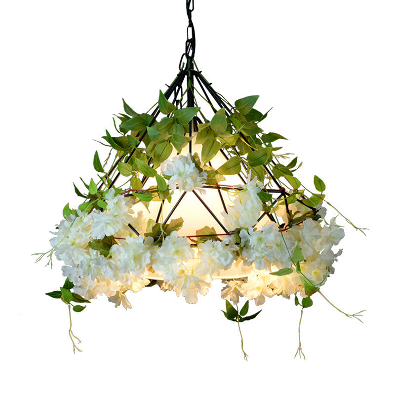 Iron Cage Hanging Pendant Light with Diamond Bulb and Decorative Plant