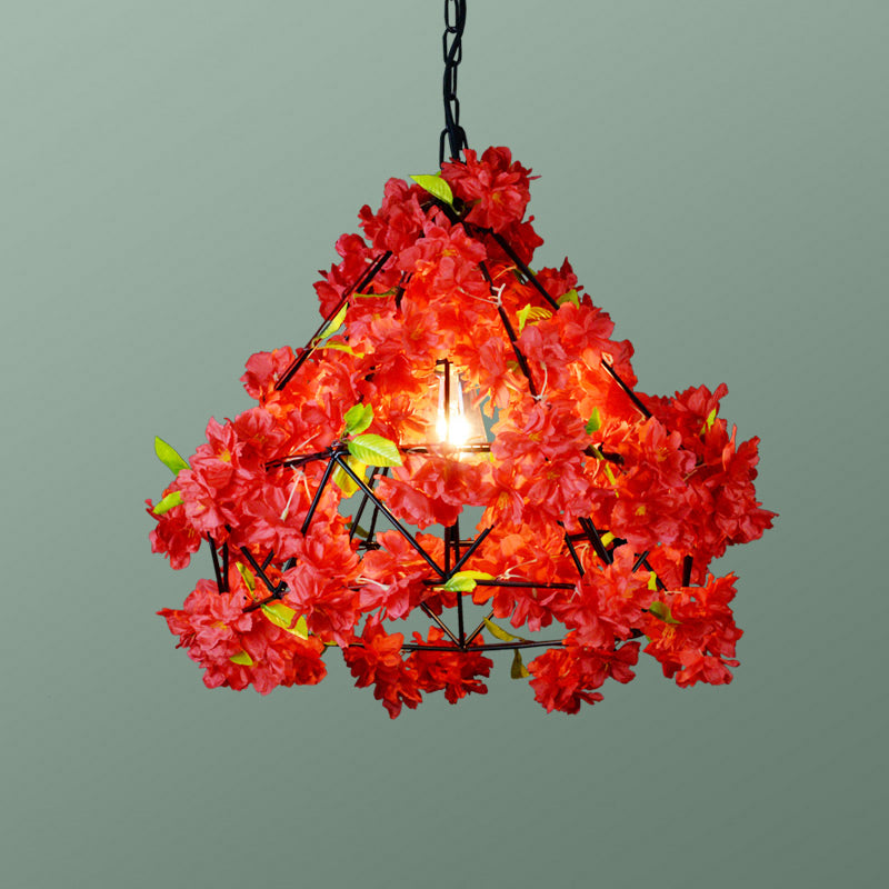 Iron Cage Hanging Pendant Light with Diamond Bulb and Decorative Plant