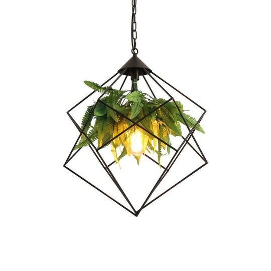 Geometric Metal Cage Pendant Light With Faux Leaf Decor - Industrial Restaurant Suspension