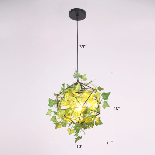 Geometric Metal Cage Pendant Light With Faux Leaf Decor - Industrial Restaurant Suspension Green