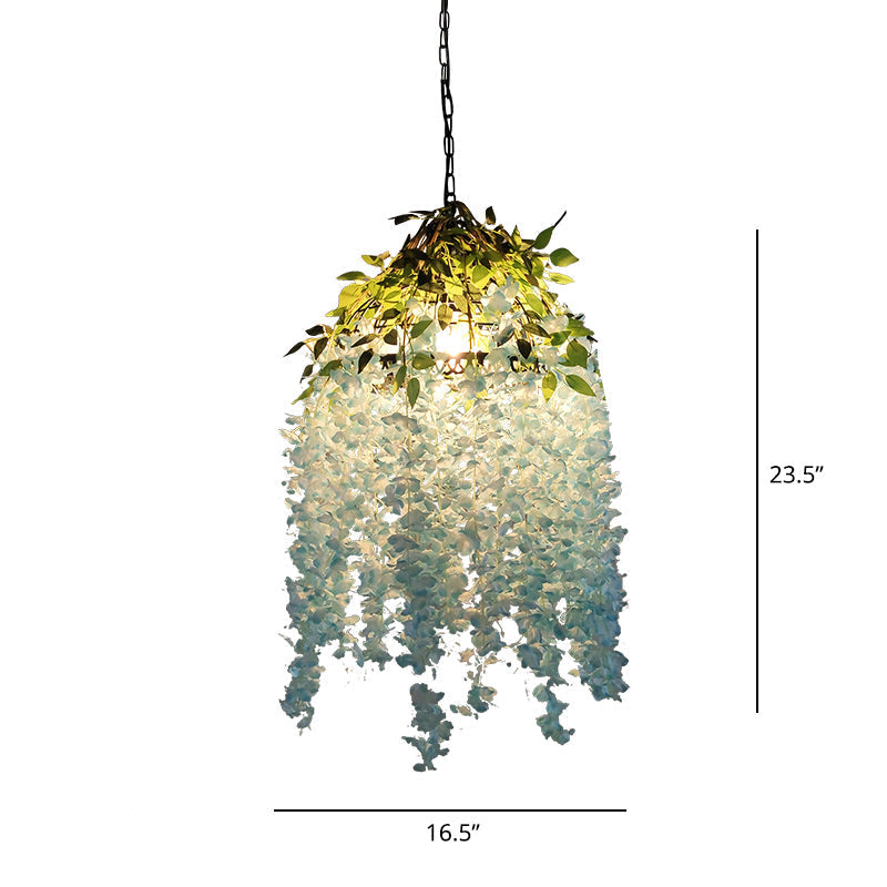 Industrial 1 Head Round Metal Pendant Lamp Ceiling Light With Artificial Vines - Dining Room