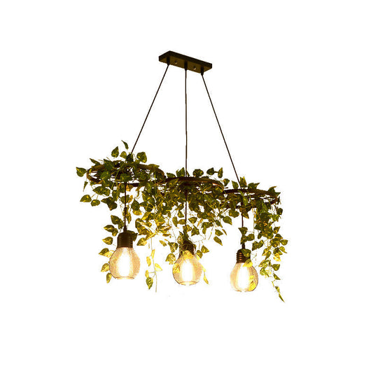 Farmhouse Green Metal Wagon Wheel Chandelier with 3 Hanging Lights and Artificial Ivy Deco