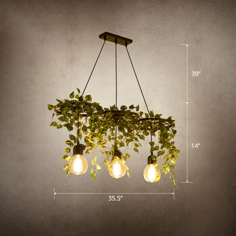 Farmhouse Green Metal Wagon Wheel Chandelier with 3 Hanging Lights and Artificial Ivy Deco