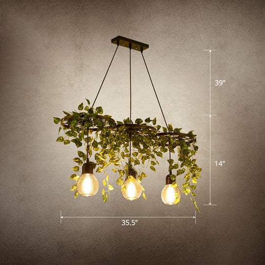 Farmhouse Green Metal Hanging Light: 3-Headed Wagon Wheel Chandelier With Artificial Ivy Deco