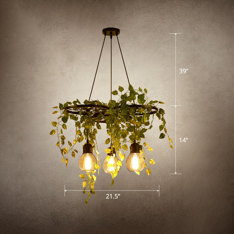 Farmhouse Green Metal Hanging Light: 3-Headed Wagon Wheel Chandelier With Artificial Ivy Deco /